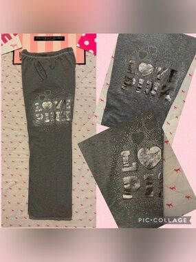 VS PINK VINTAGE Y2K WIDE LEG BOYFRIEND SWEATPANTS GRAY SILVER BLING HEARTS DOG M